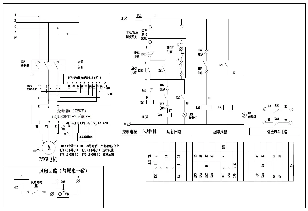 Esquema eléctrico del variador de bomba de 75 kW, con el circuito del ventilador y el lazo de control