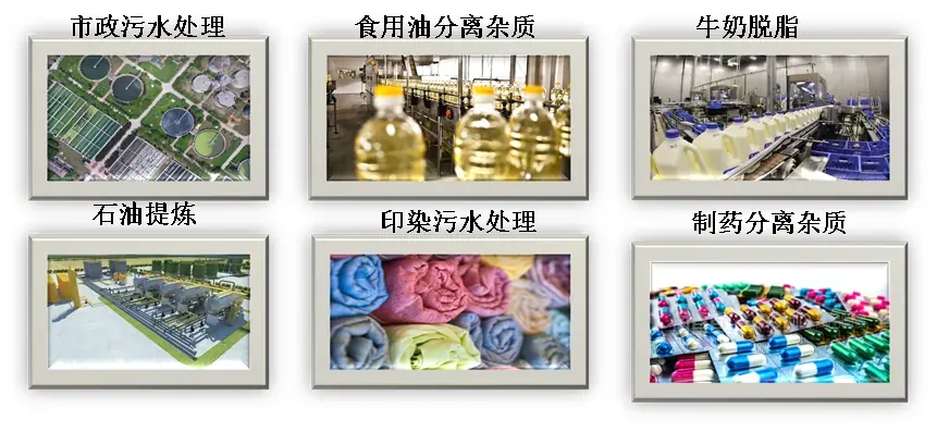 Collage of decanter duties: wastewater treatment, edible oil, milk skimming, petroleum, dyeing effluent and pharmaceutical separation