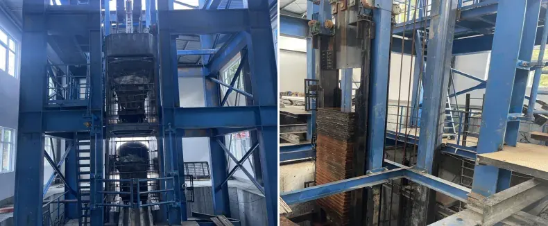 Steel headframe and shaft top: the cage guides and the shaft collar seen from inside the tower