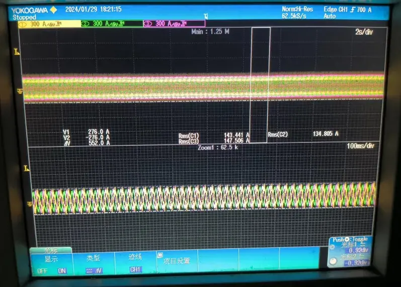 Motor current waveform captured during commissioning, three phases at around 275 A