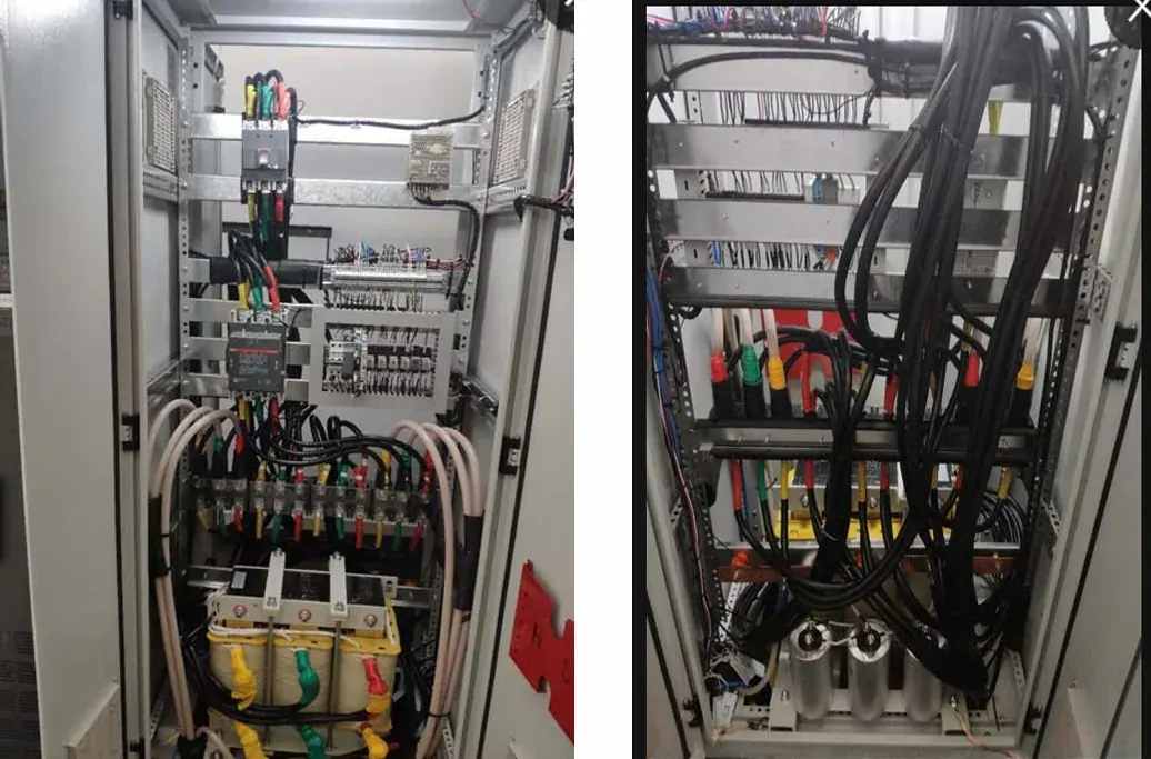 Interior del armario de control: lógica de relés, borneras y mazo de cables de salida