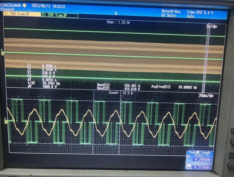 Scope capture at full speed: three-phase current at 39.9 Hz, the direct-drive running frequency