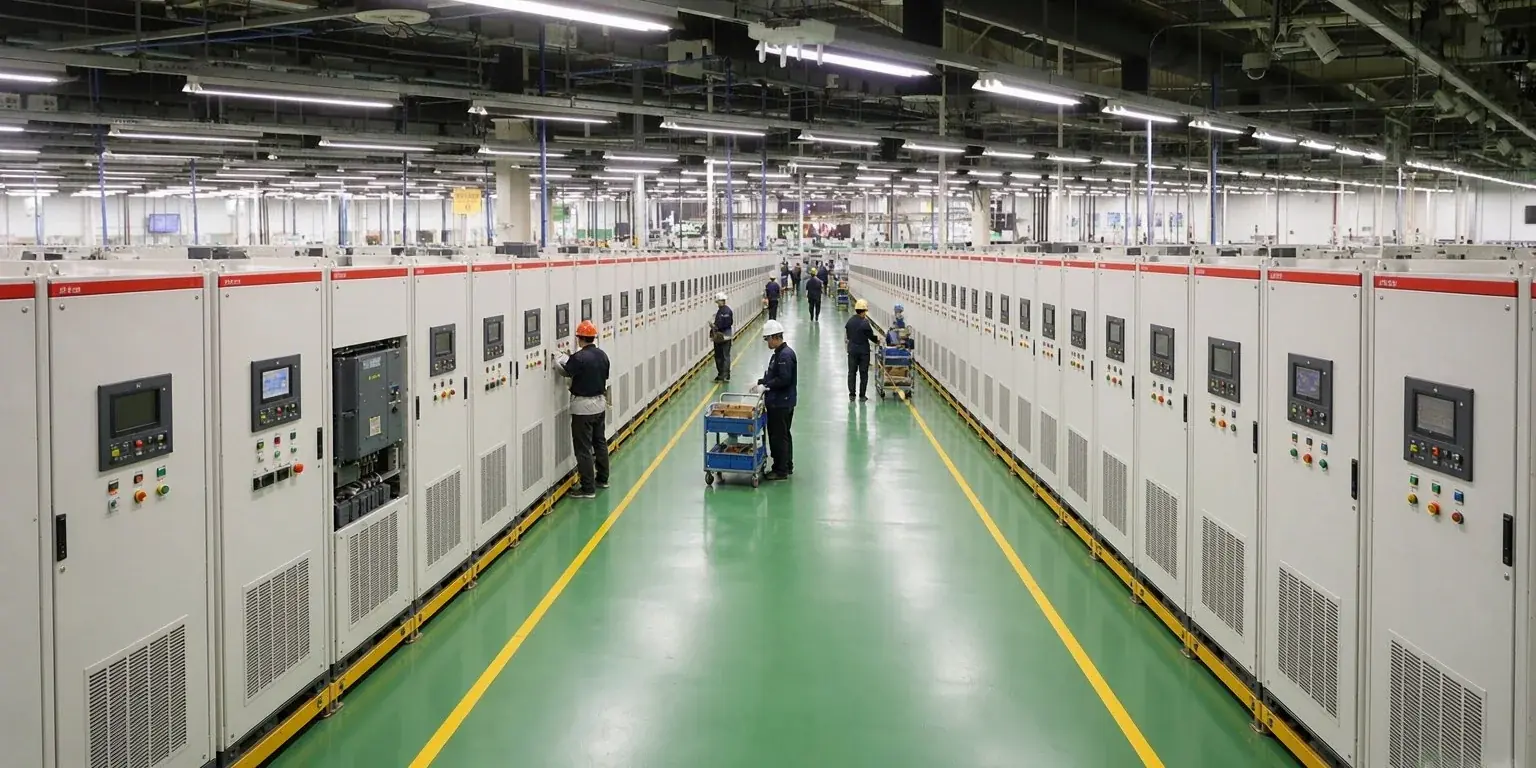Vista simétrica del pasillo central de la nave de montaje de Yolico: filas de armarios de variadores de frecuencia a ambos lados, un armario abierto mostrando los módulos y operarios realizando pruebas sobre el suelo verde